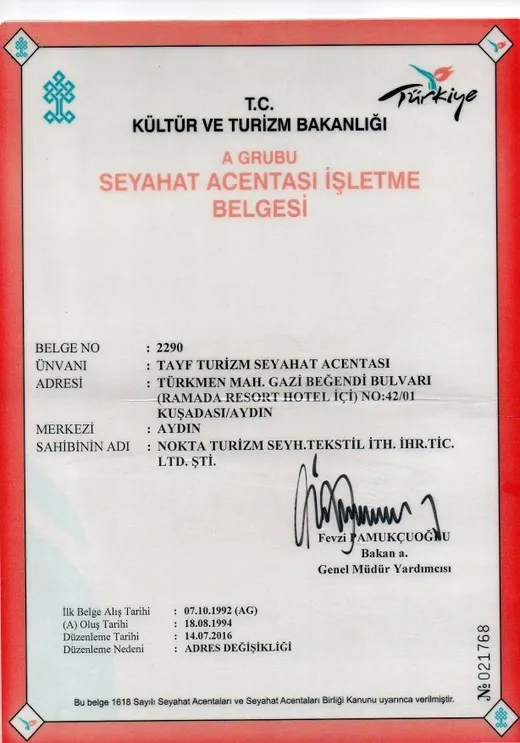 Certificado de agencia de viajes del Grupo A, n.º 2290, expedido a Tayf Turizm Seyahat Acentası por el Ministerio de Cultura y Turismo de Türkiye